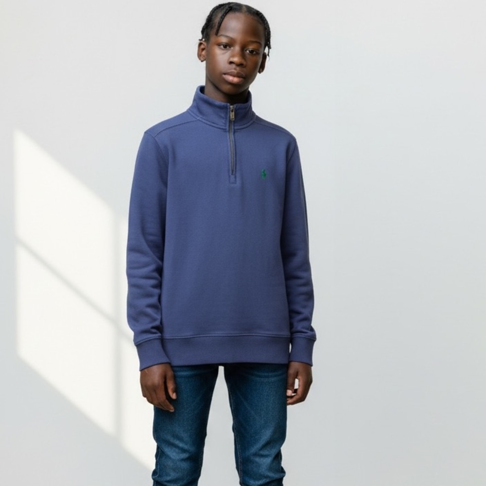 Polo Ralph Lauren‎ Boys Quarter Zip Navy Pullover Green Pony M 10/12 Classic